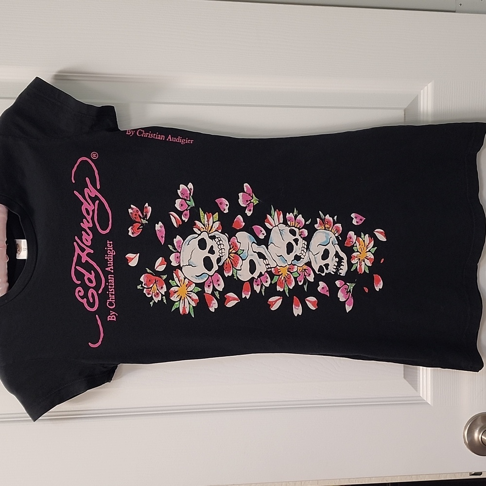 Vintage Ed Hardy Skull Floral Tee Dress 💀Y2K Graphic Bodycon Mini Black Sz. M - Picture 2 of 10